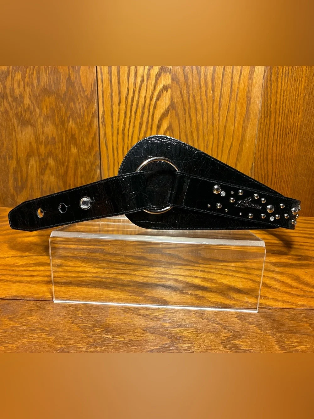 Y2K VTG Guess Rhinestone Studded Patent Croc Embossed Wide Belt Black Size L/XL